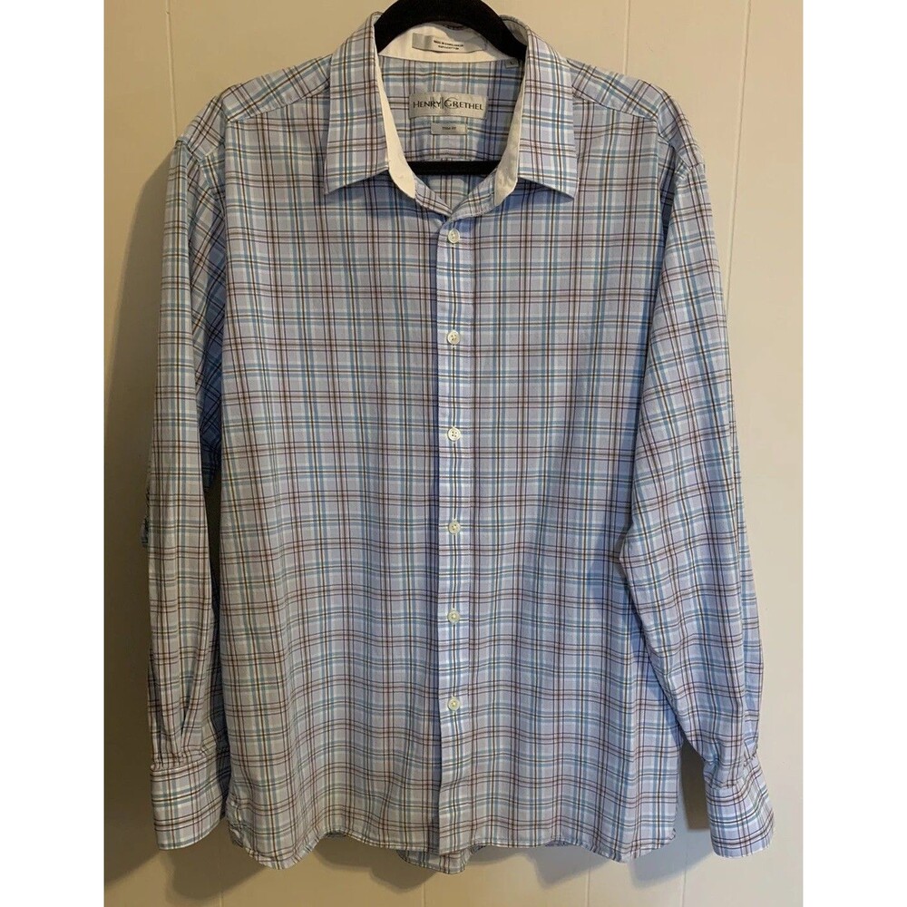 Henry Grethel Mens Button Up Shirt Size Large L Long Sleeve 100% Cotton Trim Fit